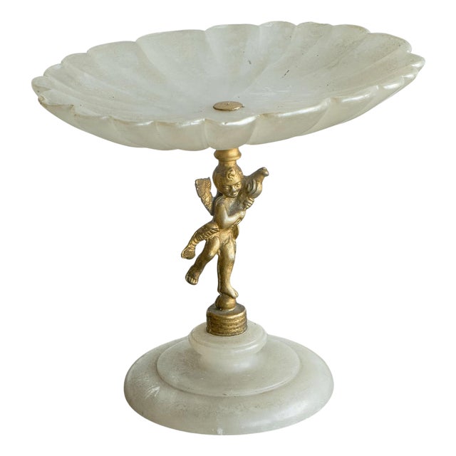 Decorative Scalloped Pedestal Bowl in Soapstone and Brass, 1940s For Sale