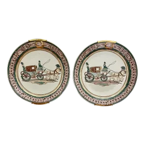 Pair of Vintage English Regency Inspired Horse and Carriage Plates by Toyo