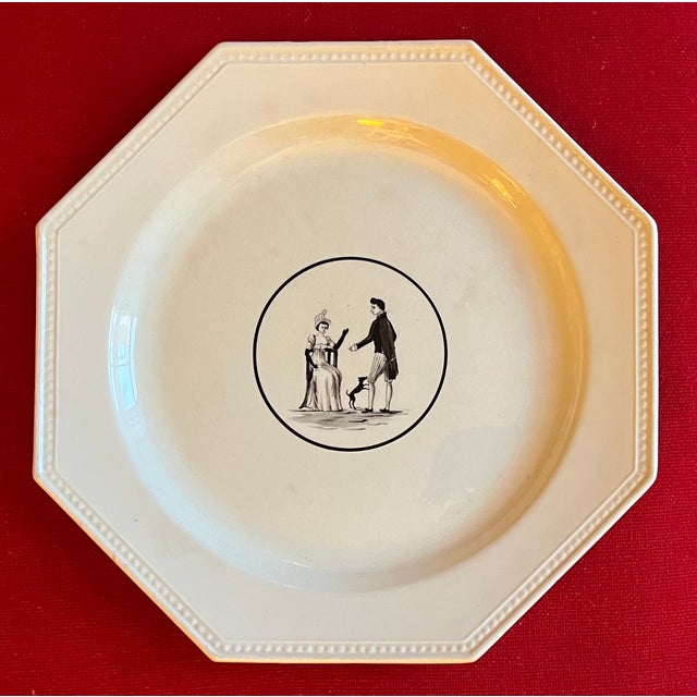 French Antique 19th Century French Montereau Creamware Octagonal Plate Decorated With Silhouettes For Sale - Image 3 of 7