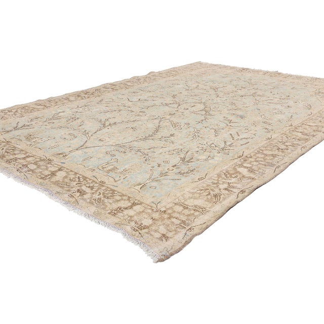 61383 Distressed Antique Persian Tabriz Pictorial Prayer Rug, 06'03 x 09'07. This exquisite hand-knotted wool distressed...