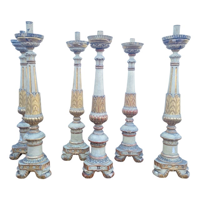Lacquered and Gilded Wooden Candleholders, Early 19th Century, Set of 6 For Sale