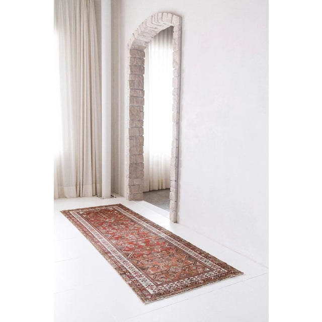 Vintage Malayer runner rug c1940 DIMENSIONS: 3'5" x 9'11" COLORS: Scarlet, onyx, fur green, taupe, sky blue MATERIAL: Wool...