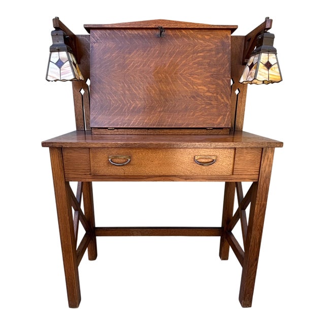 Mission Oak Art & Crafts Drop Leaf Desk Secretary With Pair Stained Glass Lamps For Sale