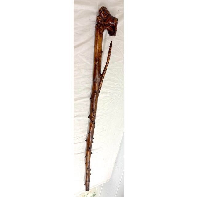 Large Antique 1800's Chinese Foo Dog Carved Wood Folk Art Walking Stick Cane For Sale - Image 16 of 18