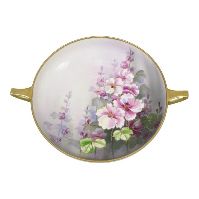 Antique Nippon Hand Painted Pink Wisteria Flower Porcelain Dish W / Handles For Sale