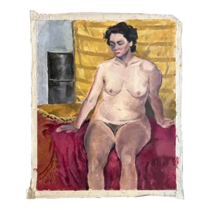 1940s Vintage Oil Painting Seated Nude Woman Portrait