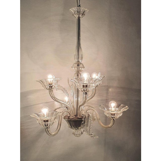 Glass Rococo Style Clear Murano Glass 6-Arm Chandelier, Italy, 1950s For Sale - Image 7 of 8