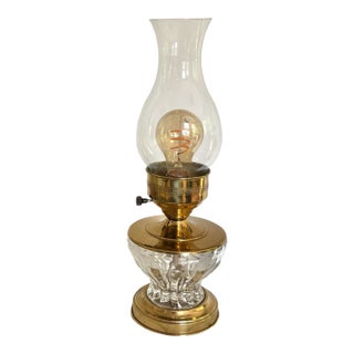 Rewired Early 20th Century Brass and Glass Hurricane Lamp With Greek Key Detail For Sale