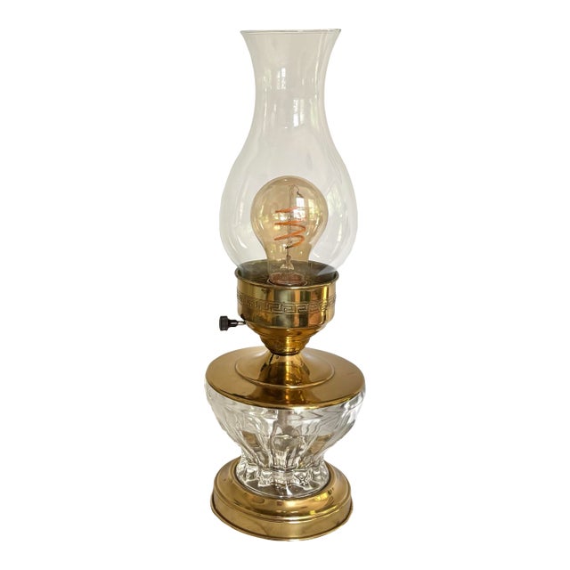 Rewired Early 20th Century Brass and Glass Hurricane Lamp With Greek Key Detail For Sale