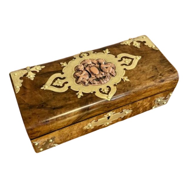 Victorian Burr Walnut and Brass Mounted Jewellery Box, 1880s For Sale