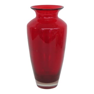 Hand Blown Ruby Red Tall Vase With Flared Opening and Clear Base 5084b For Sale
