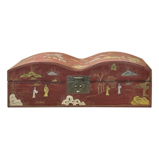 Red Lacquer Chinoiserie-Style Gold Silver Scenery Graphic Rectangular Box For Sale