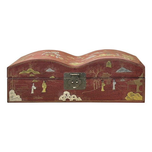 Red Lacquer Chinoiserie-Style Gold Silver Scenery Graphic Rectangular Box For Sale
