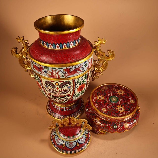 Red 1970s Monumental Pair of Chinese Cloisonné Enamel Vases With Gilt Dragon Handles For Sale - Image 8 of 9