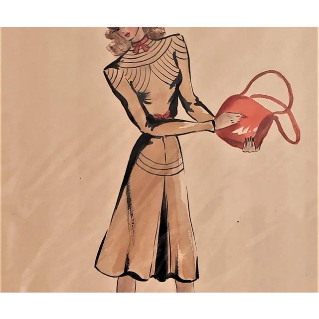 1940s Matted Large Original Mid-Century French Couture Sport Fashion Drawing For Sale - Image 5 of 6