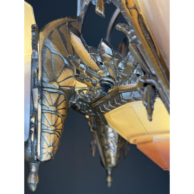 Metal 1930s Mid-West Mfg. Soleure Series Art Deco 6-Light Slip Shade Chandelier in Cast Bronze For Sale - Image 7 of 15