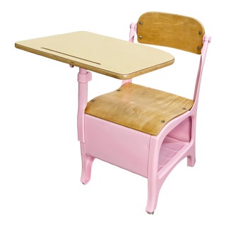 1960s Industrial Children's School Desk & Chair Refinished in Pink For Sale