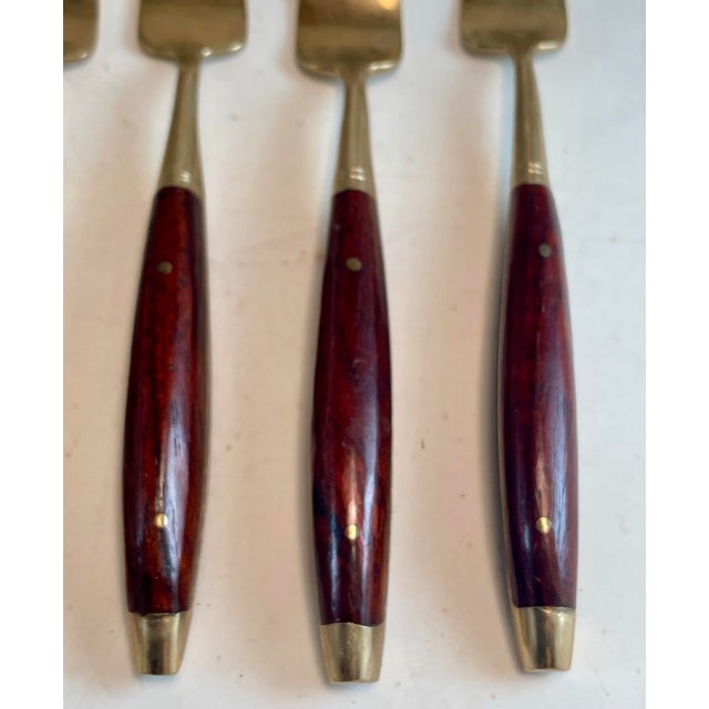 Mid 20th Century Rosewood & Brass Small Desert H'Ordreves Forks Flatware Set of 5 For Sale - Image 4 of 11