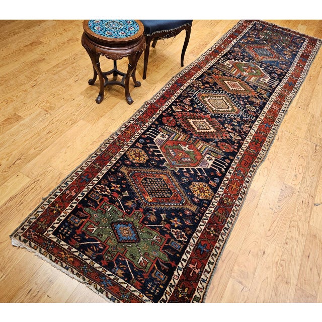 1900 - 1909 Vintage Persian Heriz Serapi Runner Rug, Hand-Knotted Wool, Geometric Medallion Pattern, Navy, 3x12 For Sale - Image 5 of 16