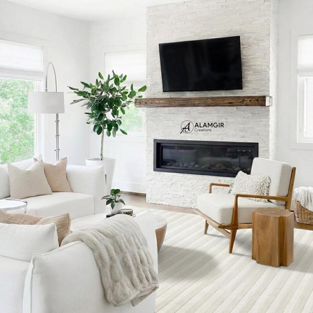 Ivory Ivory Linear Stripe High-Low Hand-Tufted New Zealand Wool Rug For Sale - Image 8 of 12