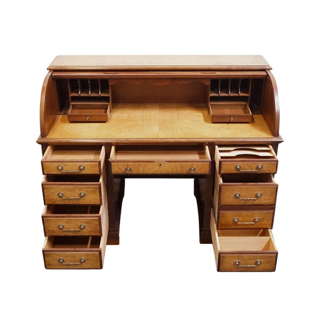 Brown Jasper Cabinet Solid Mahogany & Elm Burl Traditional Regency Inspired 54" Roll Top Desk For Sale - Image 8 of 16