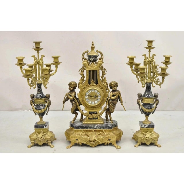 Vintage French Louis XV Style Brevettato Italy Brass & Marble Figural Clock Set For Sale - Image 16 of 16