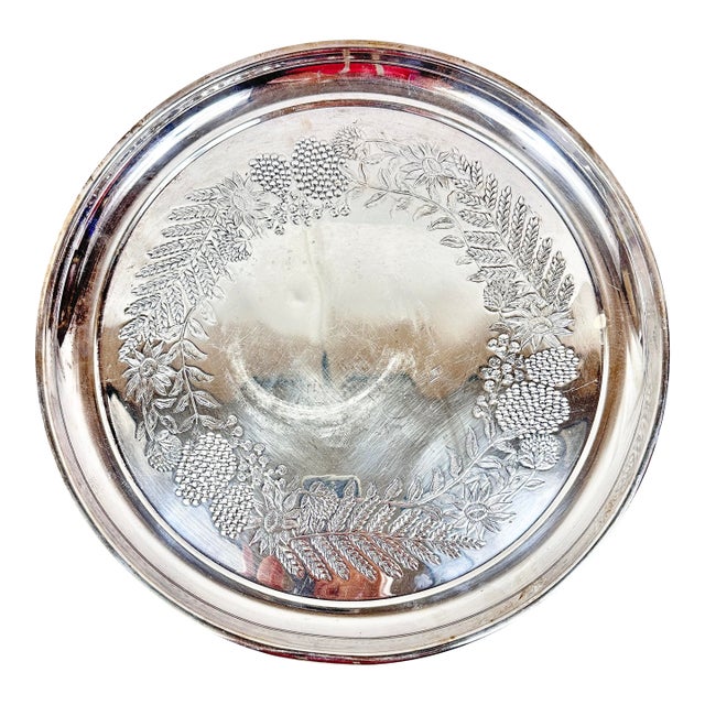 Vintage Floral Design Silver Plated Serving Tray For Sale
