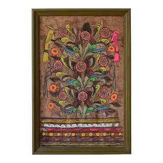 Vintage Mexican Folk Art Tree of Life Birds Amate Bark Paper Framed Painting For Sale