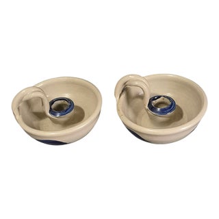 Williamsburg Pottery Salt Glazed Chamber Candle Holder Pair Marked For Sale