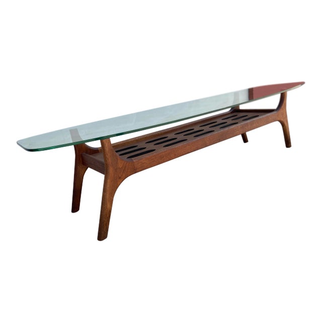 Mid Century Modern Slotted Coffee Table With Surfboard Glass Top | in Harvey Probber Style For Sale