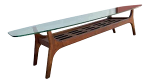 Mid Century Modern Slotted Coffee Table With Surfboard Glass Top | in Harvey Probber Style
