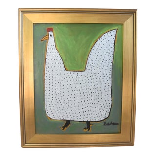 Folk Art Chicken Hen Painting by Ruth Arenz Including the Antiqued Gold Wood Frame For Sale