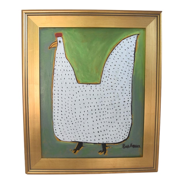 Folk Art Chicken Hen Painting by Ruth Arenz Including the Antiqued Gold Wood Frame For Sale