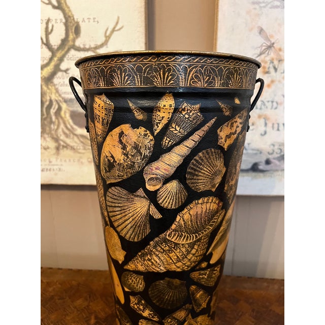 Metal Vintage English Planter Jardiniere Urn Shell Decoupage Black Tole Coastal Décor For Sale - Image 7 of 17