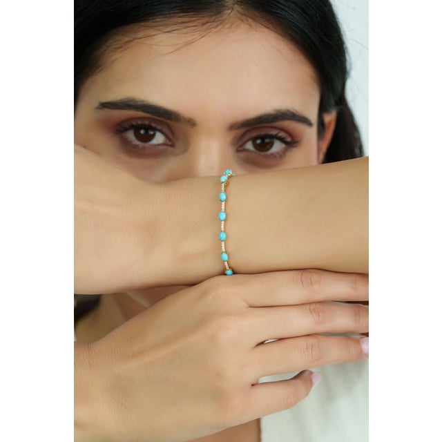Turquoise 14k Solid Gold Natural 3.25ct Turquoise & Diamond Mexican Bracelet For Sale - Image 8 of 16