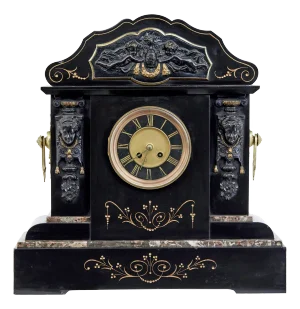 High Victorian Inlaid Black Marble Mantel Clock, 1870s