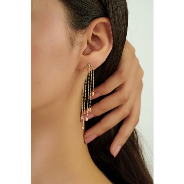 Blue Contemporary 2.43ct Multi Sapphire Long Chain Drop Earrings in 14k Yellow Gold- A Pair For Sale - Image 8 of 12
