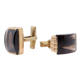 Vintage Signed Antique Austrian Art Deco Period 14k Gold and Smoky Quartz Cufflinks - 2 Pieces For Sale