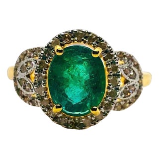 Bochic “Capri” Vintage Natural Diamond & Emerald Retro Ring Set In 18K Gold & Silver For Sale