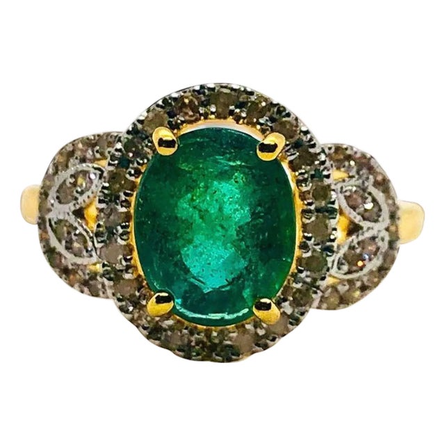 Bochic “Capri” Vintage Natural Diamond & Emerald Retro Ring Set In 18K Gold & Silver For Sale