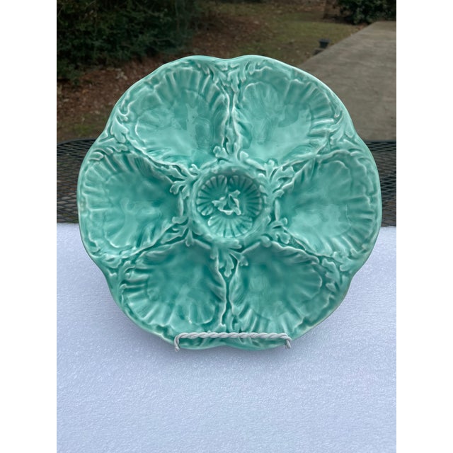 Turquoise 1940s French Gien Turquoise Majolica Oyster Plate For Sale - Image 8 of 12