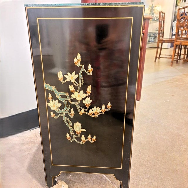 Wood Vintage Chinoiserie Black Lacquer Floral and Bird Cabinet For Sale - Image 7 of 10