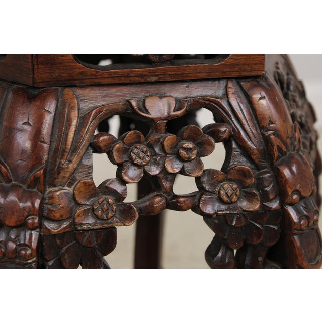 Stone Chinese Antique Hexagonal Carved Plant Stand With Inlaid Marble Top For Sale - Image 7 of 13