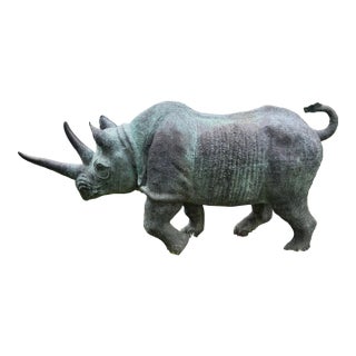 Huge 90” Highly Detailed Vintage Life Size Verdigris Bronze Rhinoceros Sculpture Statue Indoor Outdoor For Sale