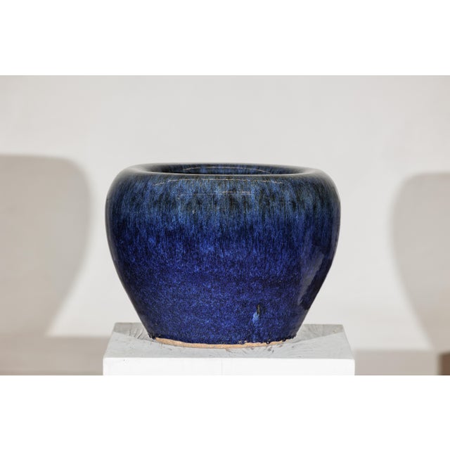 Late 20th Century Vintage Chinese Blue-Glazed Ceramic Planter with Rounded Form and Brown Accents For Sale - Image 5 of 18
