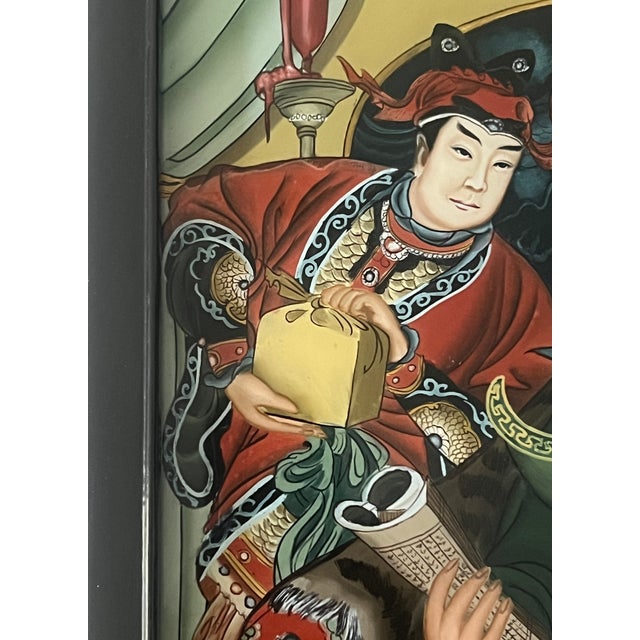 General Guan Yu and Retainers, Mid Century Chinese Reverse Painting on Glass, Rosewood Frame For Sale - Image 4 of 12
