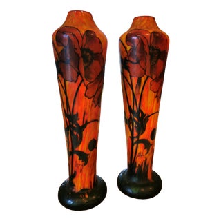 Marbled Enameled Glass Poppy 1910 Vases by Legras , 1890s, Set of 2 For Sale