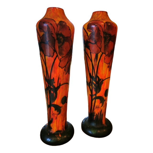 Marbled Enameled Glass Poppy 1910 Vases by Legras , 1890s, Set of 2 For Sale