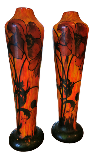 Marbled Enameled Glass Poppy 1910 Vases by Legras , 1890s, Set of 2