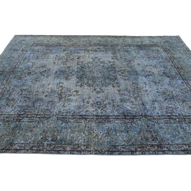 Blue Vintage Persian Overdyed Handmade Medallion Blue Wool Rug For Sale - Image 8 of 11